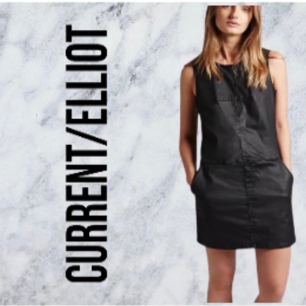 Current/Elliott waxy coated distressed dark denim shift dress